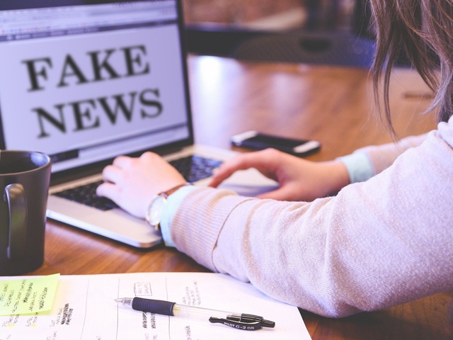 Bilden visar en person vid en dator där det står "Fake news", falska nyheter på skärmen