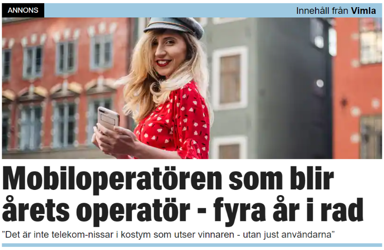 Bilden visar en artikel med rubriken "mobiloperatören som blir årets operatör - fyra år i rad". I hörnet står att artikeln är en annons. 
